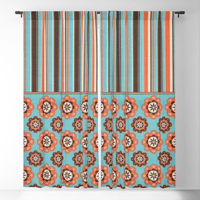Retro Stripes Over Flowers Patterned Blackout Curtain