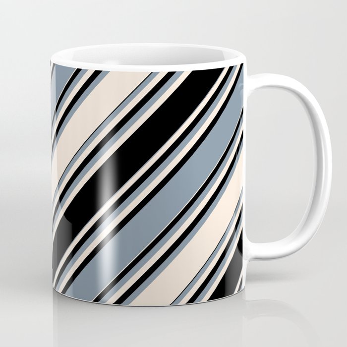 Beige, Black & Light Slate Gray Colored Stripes/Lines Pattern Coffee Mug