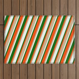 [ Thumbnail: Tan, Mint Cream, Dark Green & Red Colored Stripes Pattern Outdoor Rug ]