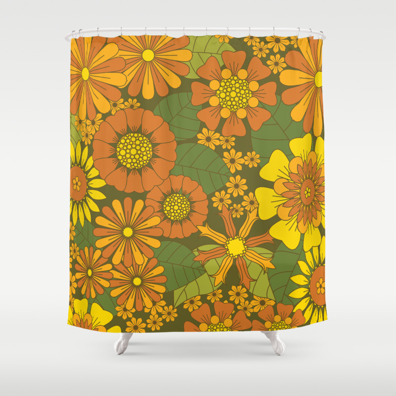 Orange, Brown, Yellow and Green Retro Daisy Pattern Shower Curtain