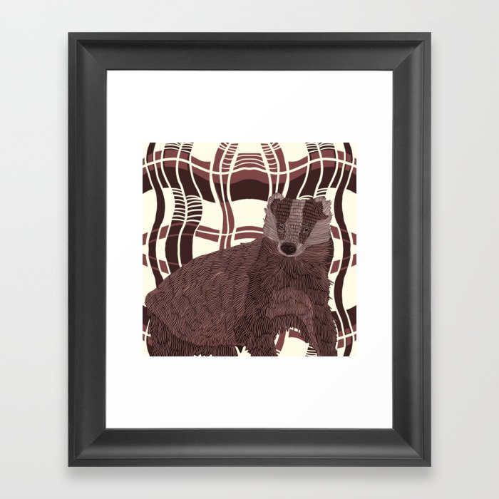 Badger on a maroon check like patterned background Framed Art Print