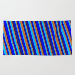 [ Thumbnail: Midnight Blue, Chocolate, Deep Sky Blue & Blue Colored Striped/Lined Pattern Beach Towel ]