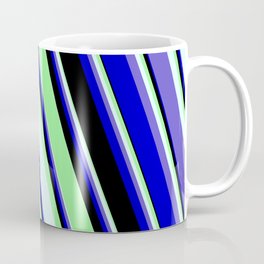 [ Thumbnail: Green, Light Cyan, Slate Blue, Blue, and Black Colored Stripes Pattern Coffee Mug ]