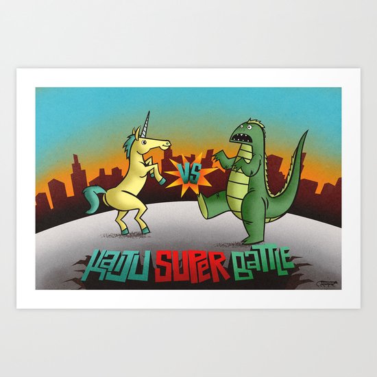 Unicorn VS Gogojira! Art Print