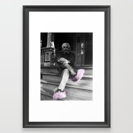 Albert Einstein in Fuzzy Pink Slippers Classic E = mc² Black and White Satirical Photography  Framed Art Print