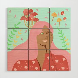 Magical girl with mushrooms sky blue Wood Wall Art