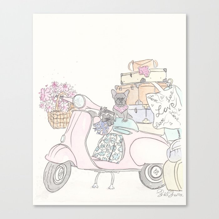 Pink Scooter French Bulldog Cat Road Trip Canvas Print
