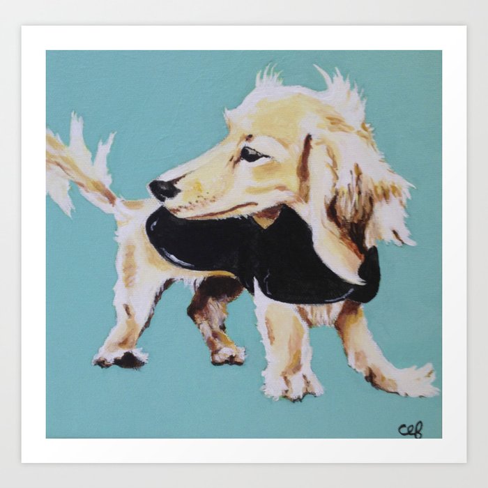 Portrait Of Blonde Long Haired Miniature Dachshund On Blue Art