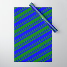 [ Thumbnail: Green and Blue Colored Stripes/Lines Pattern Wrapping Paper ]
