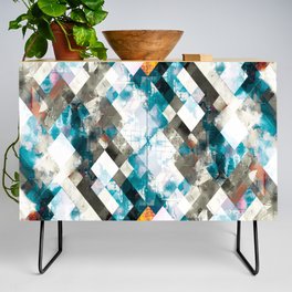 geometric pixel square pattern abstract background in blue yellow Credenza