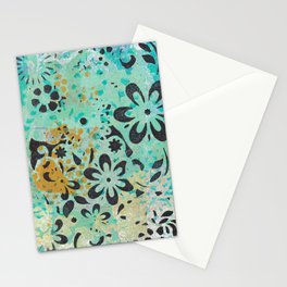 Monoprint 1 - blue and yellow with black flowers Stationery Cards