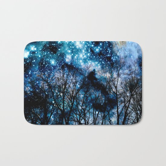 Black Trees Teal Space Bath Mat