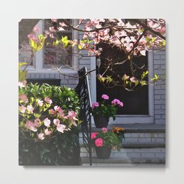 Pink Dogwood and Pots of Geraniums Metal Print