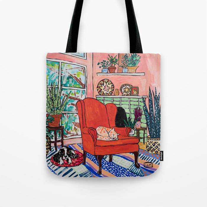 Red Armchair in Pink Interior with Houseplants, Ginger Cat, and Spaniel Interior Painting Tote Bag