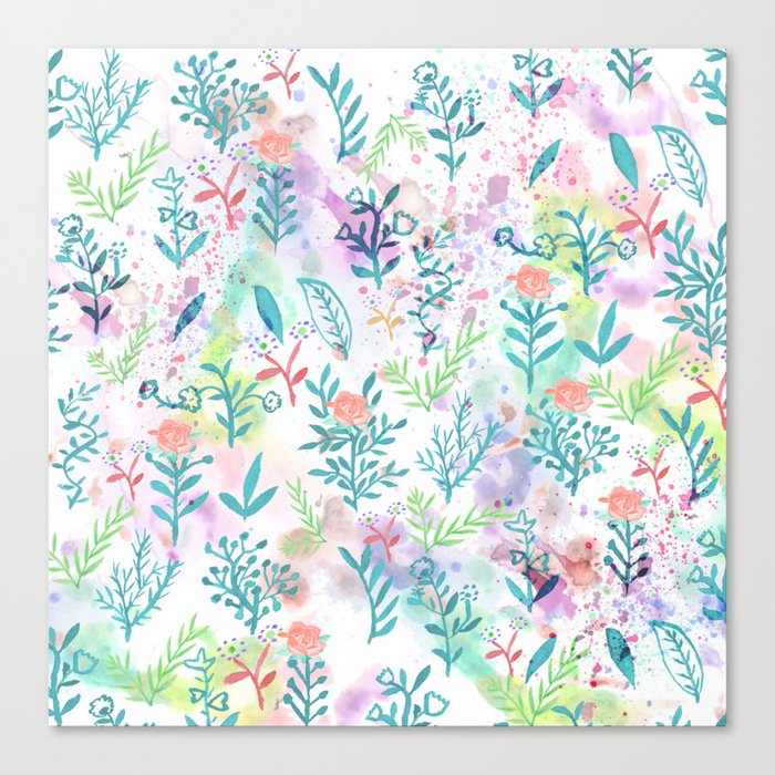 Hand drawn coral pink green watercolor floral Canvas Print
