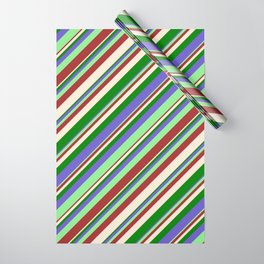 [ Thumbnail: Slate Blue, Light Green, Brown, Beige & Green Colored Pattern of Stripes Wrapping Paper ]