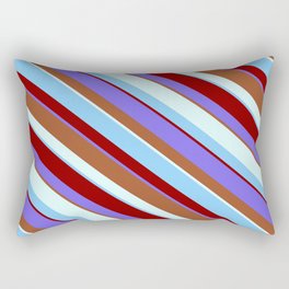 [ Thumbnail: Medium Slate Blue, Sienna, Light Cyan, Light Sky Blue, and Dark Red Colored Striped Pattern Rectangular Pillow ]