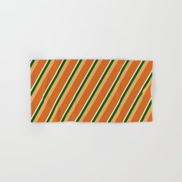 [ Thumbnail: Brown, Chocolate, Lavender & Dark Green Colored Stripes/Lines Pattern Hand & Bath Towel ]