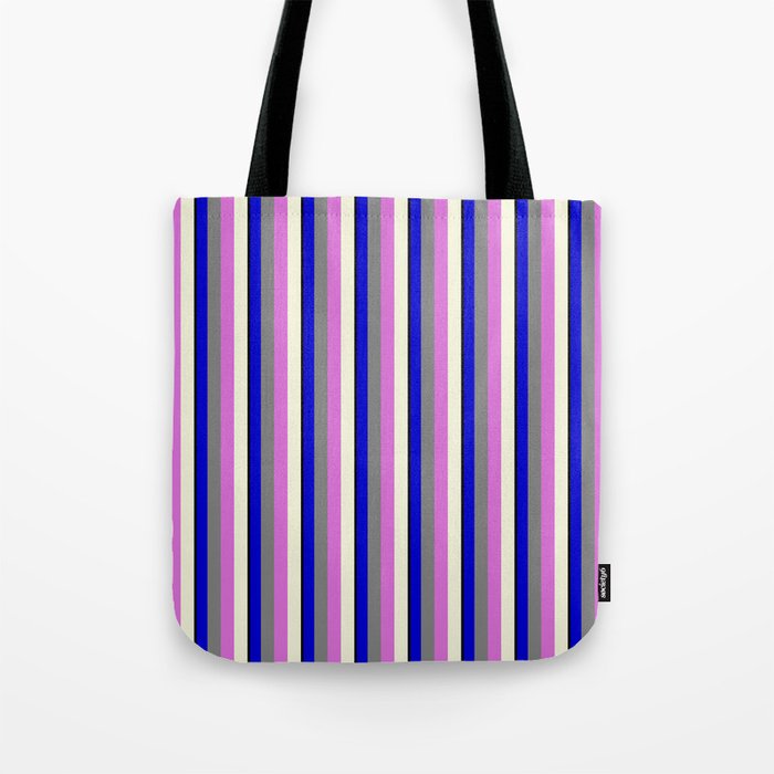 Vibrant Black, Blue, Grey, Orchid, and Beige Colored Striped/Lined Pattern Tote Bag