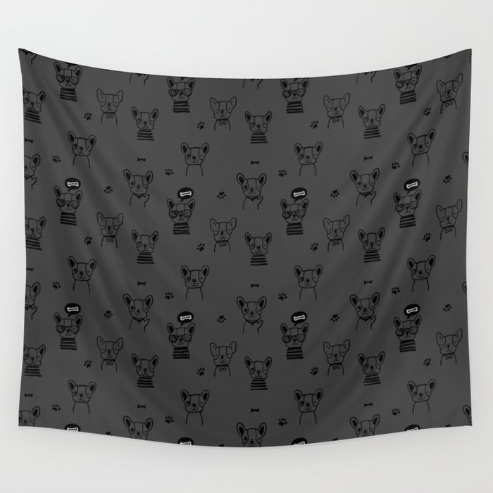 Dark Grey and Black Hand Drawn Dog Puppy Pattern Wall Tapestry