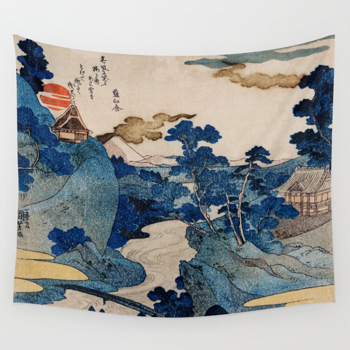 Cottages On Cliffs Traditional Japanese Landscape Wall Tapestry