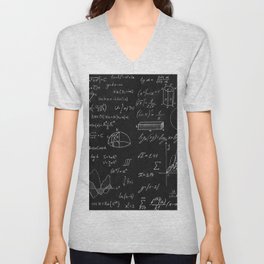 Blackboard inscribed with scientific formulas and calculations in physics and mathematics. Science and education background. V Neck T Shirt