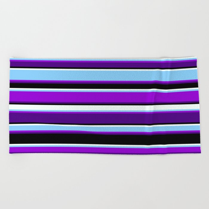 Vibrant Light Sky Blue, Dark Violet, Indigo, Black, and Mint Cream Colored Striped Pattern Beach Towel