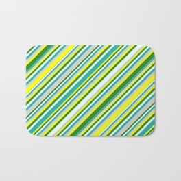 [ Thumbnail: Eyecatching Yellow, Forest Green, Mint Cream, Light Sea Green, and Light Grey Colored Lined Pattern Bath Mat ]