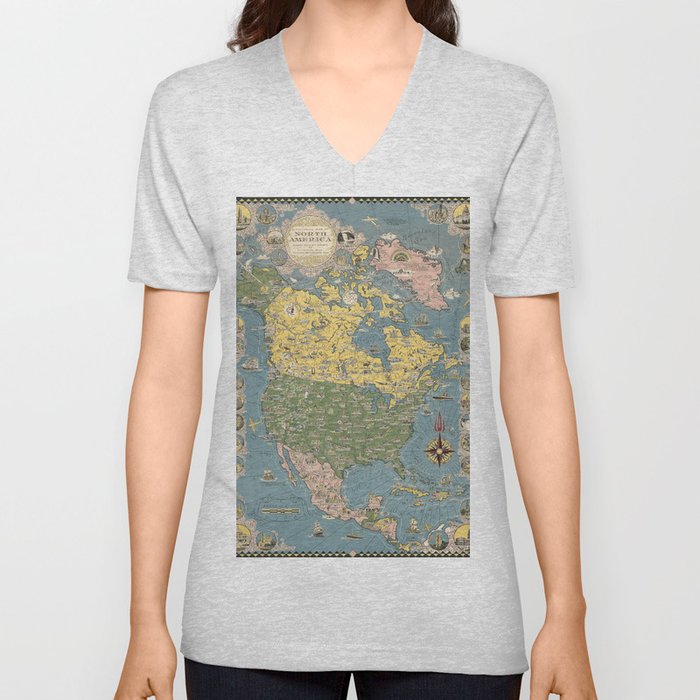  pictorial map of North America-Vintage Illustrated Map V Neck T Shirt