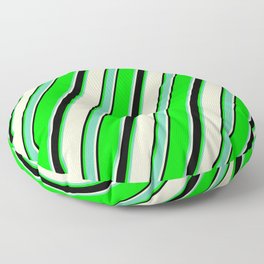 [ Thumbnail: Lime, Aquamarine, Light Yellow & Black Colored Lined Pattern Floor Pillow ]