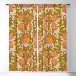 Orange, Pink Flowers and Green Leaves 1960s Retro Vintage Pattern Blackout Curtain