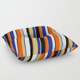 [ Thumbnail: Colorful Dark Khaki, Midnight Blue, Light Cyan, Black & Red Colored Lined/Striped Pattern Floor Pillow ]