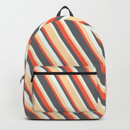 [ Thumbnail: Tan, Red, Dim Gray & Mint Cream Colored Stripes/Lines Pattern Backpack ]