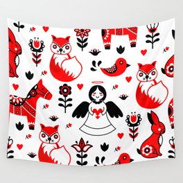 Animals Pattern (Red and White) Wall Tapestry