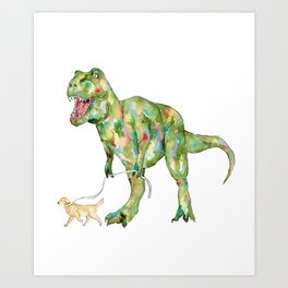 T-rex dinosaur walking dog painting Art Print