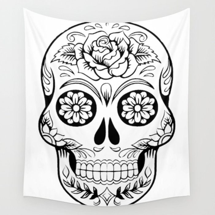 Sugar Skull Black And White Tattoo Old School Wall Tapestry