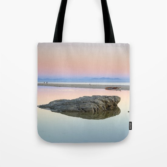 "Walking...." Pink sunset at the beach. Tote Bag