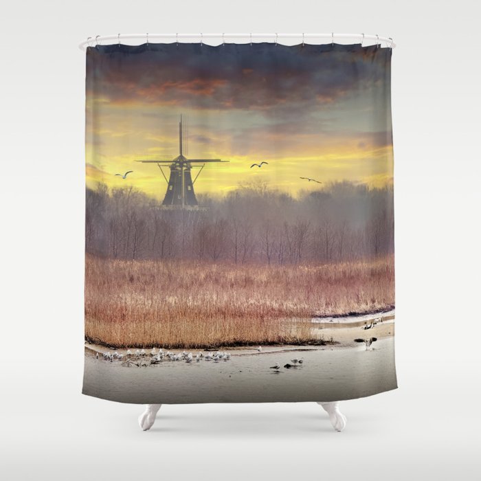 De Zwaan Dutch Windmill Landscape in an Early Morning Sunrise on Windmill Island in Holland Michigan Shower Curtain
