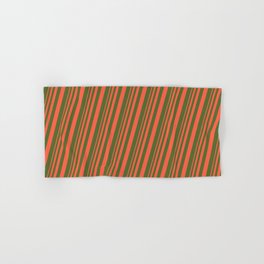 [ Thumbnail: Red and Dark Olive Green Colored Stripes Pattern Hand & Bath Towel ]