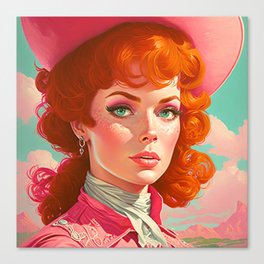 Vintage Pop Art Redhead Cowgirl in Montana Mountains Canvas Print