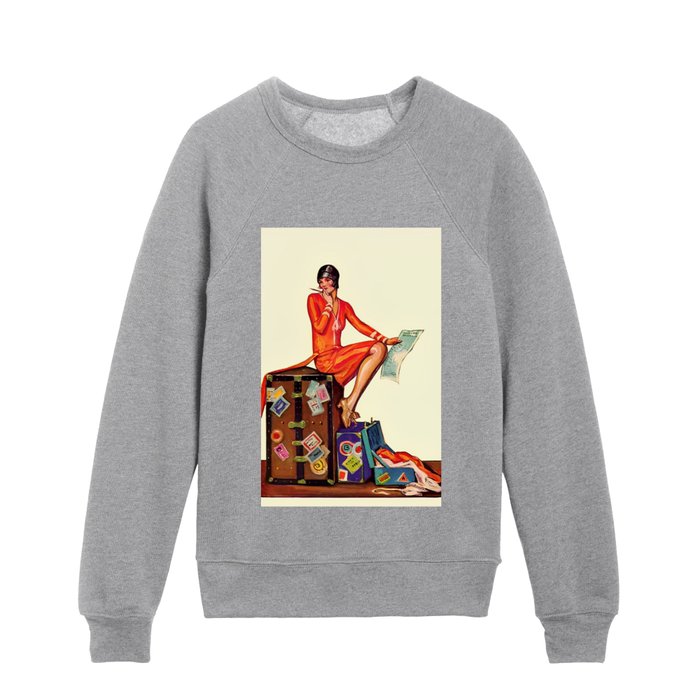 On the road again, roaring twenties flapper sitting on suitcases and trunks art deco female portrait painting Kids Crewneck