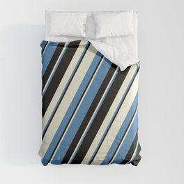 [ Thumbnail: Beige, Blue & Black Colored Pattern of Stripes Comforter ]