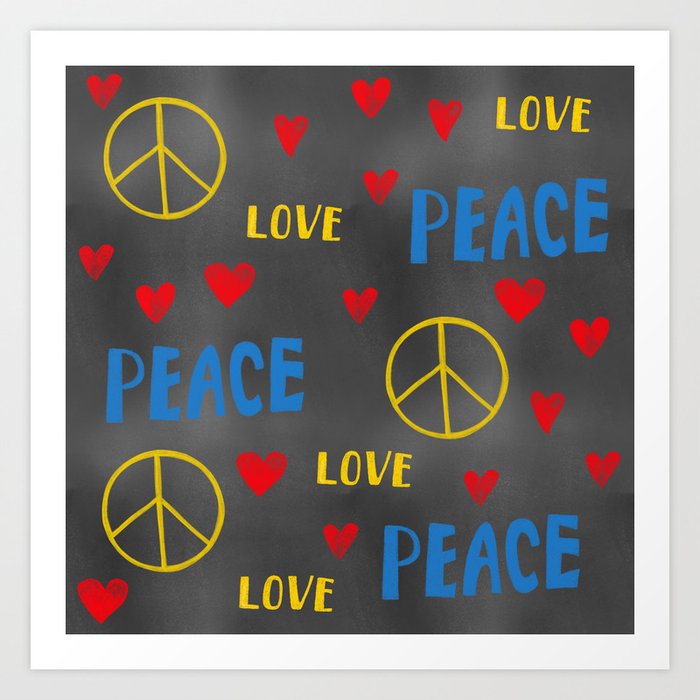 Peace, Love and Hearts Chalk Pattern on Blackboard Art Print