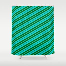 [ Thumbnail: Dark Turquoise & Dark Green Colored Lined/Striped Pattern Shower Curtain ]