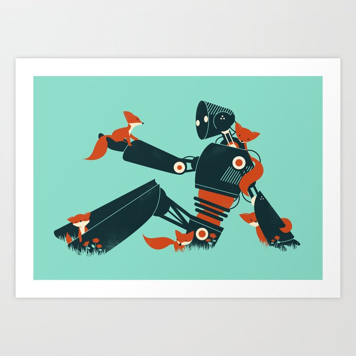 Foxes & The Robot Art Print