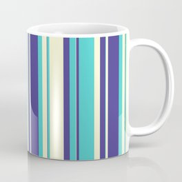 [ Thumbnail: Dark Slate Blue, Turquoise & Light Yellow Colored Striped/Lined Pattern Coffee Mug ]