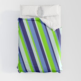 [ Thumbnail: Cornflower Blue, Chartreuse, Light Cyan, and Midnight Blue Colored Lined Pattern Duvet Cover ]