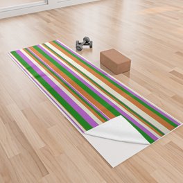 [ Thumbnail: Chocolate, Beige, Orchid & Green Colored Striped/Lined Pattern Yoga Towel ]