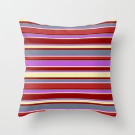 [ Thumbnail: Eyecatching Slate Gray, Orchid, Pale Goldenrod, Red, and Dark Red Colored Lines/Stripes Pattern Throw Pillow ]