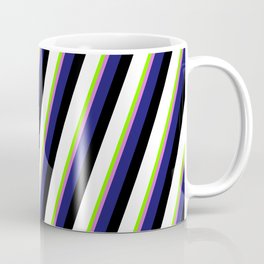 [ Thumbnail: Eyecatching Chartreuse, Orchid, Midnight Blue, Black, and White Colored Lines/Stripes Pattern Coffee Mug ]